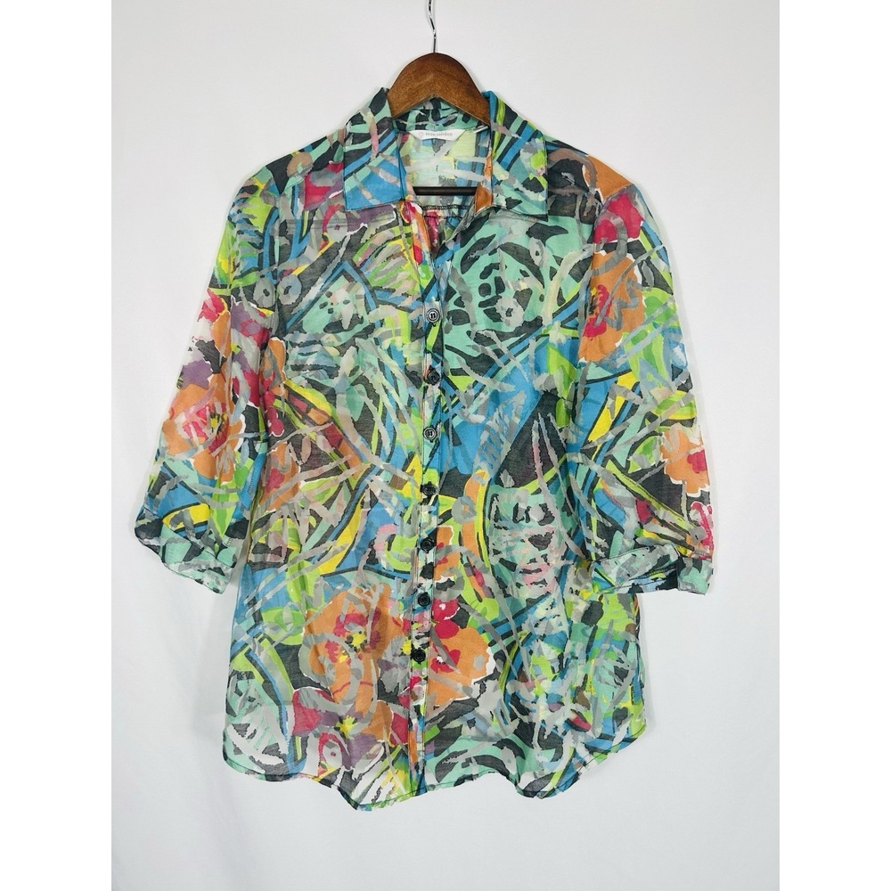 Erin London Sheer Taffeta Top Size‎ M Abstract Artsy Boho Floral Beach Tropical